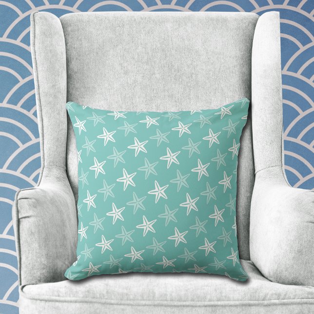 Vit Starfish Mönster på Teal Blue Kudde (Skapare uppladdad)