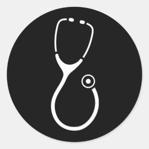 Vit steoskopisk logotyp på svart doktor-dekal runt klistermärke