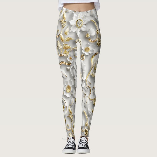 Vit stiliserad Blommigt med Guld Metallisk Leggings (Framsida)