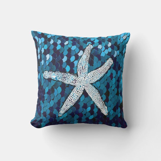 Vit stjärnfisk Glitter Sparkly Sjöjungfru Teal Blu Kudde (Framsida)