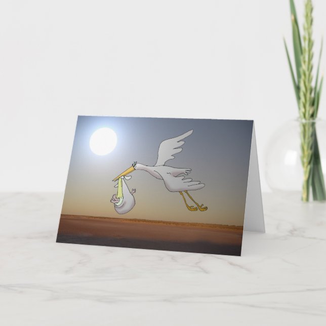Vit stork som flyger nattetid himmel och fullt mån kort (Framsida)