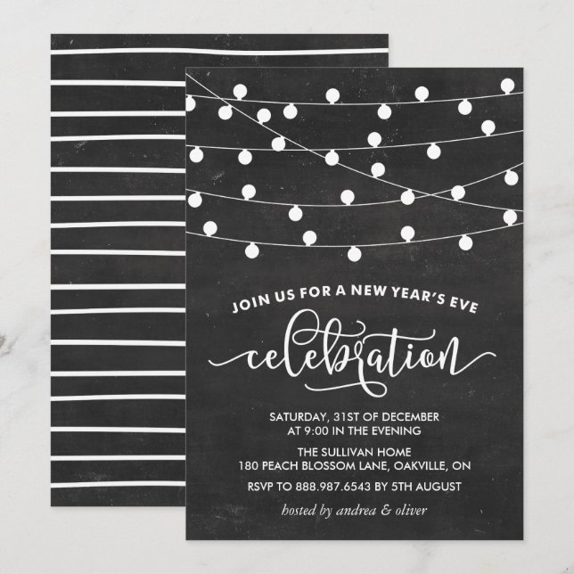 Vit Stränglampor på Tavla Nyårsafton Inbjudningar (Fram/baksida)