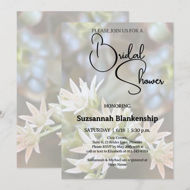 Vit Sukkulent Blommig Bakgrund Bröllopsdusch  Inbjudningar (Fram/baksida)