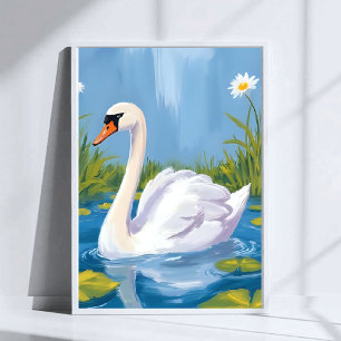 Vit svan Dam vattenfärg fågelmålning Poster