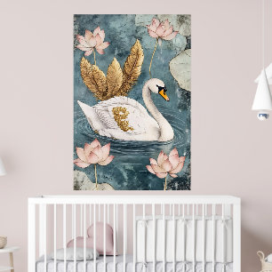 Vit svan omgiven av lotusblommor. poster