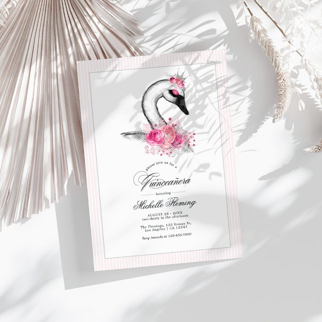 Vit svan Rosa Blommig Quinceañera Foto Inbjudningar (White Swan Pink Floral Quinceañera Photo Invitation)