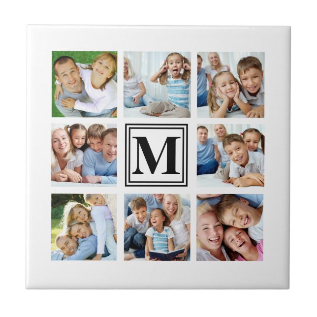 Vit Svart 8 Familjefoto Kollage Monogram Kakelplatta (Framsidan)