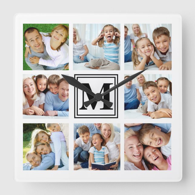 Vit svart 8-fotorasterfamiljens kollage Monogram Fyrkantig Klocka (Framsida)