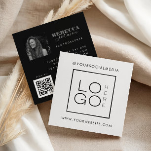 Vit Svart Anpassad Logo Foto QR-kod Sociala Medier Fyrkantigt Visitkort