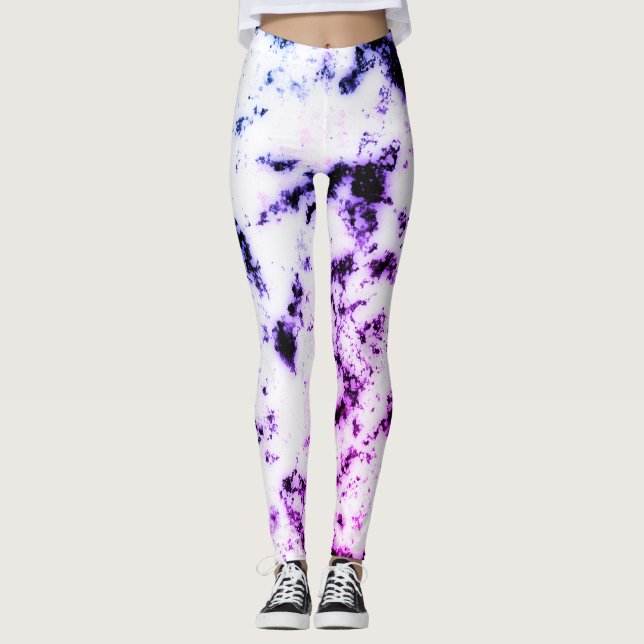 Vit Svart Blå Lila Rosa Marmor Färg Stänk Leggings (Framsida)