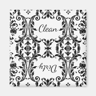 Vit svart Blommigt Dishwasher Clean Dirty Magnet