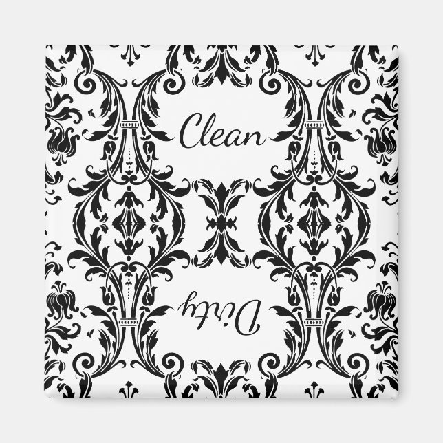 Vit svart Blommigt Dishwasher Clean Dirty Magnet (Framsidan)