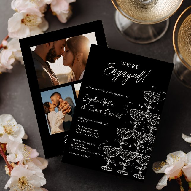 Vit Svart Champagne Torn Foto Förlovning Inbjudningar (White Black Champagne Tower Photo Engagement Invitation)