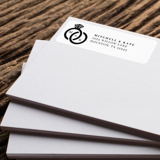 Vit & svart diamant ring monogram bröllop returadress etikett (White & Black Diamond Ring Monogram Wedding Label)