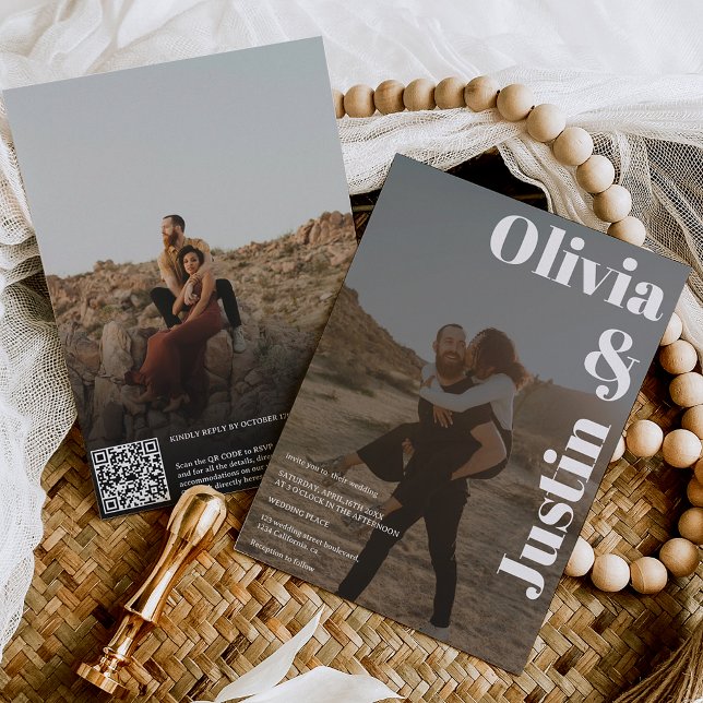 Vit svart fet namn 2 foton Qr kod bröllop Inbjudningar (Skapare uppladdad)