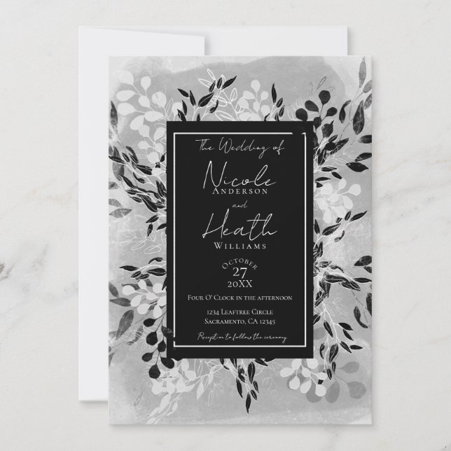 Vit Svart Grå Modern Minimal Floral Bröllop Inbjudningar (Framsida)