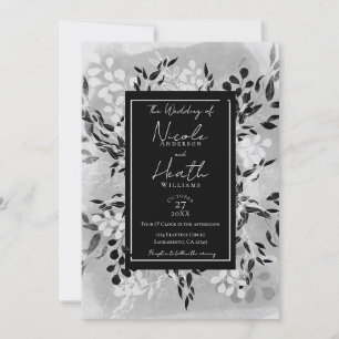 Vit Svart Grå Modern Minimal Floral Bröllop Inbjudningar