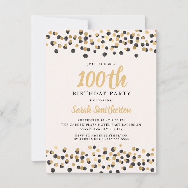 Vit Svart Guld Konfetti Glitter 100-årsdag Inbjudningar (Framsida)