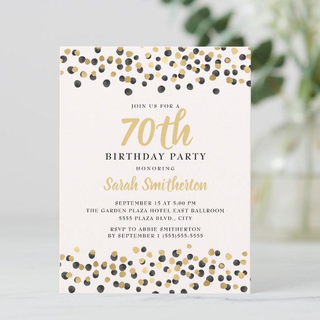 Vit Svart Guld Konfetti Glitter 70-årsfirande Inbjudningar (Black and gold confetti on white 70th birthday party invitation)