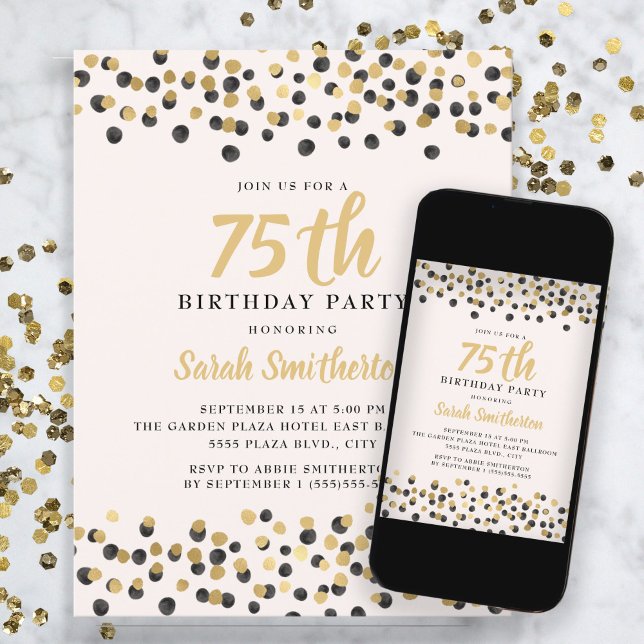 Vit Svart Guld Konfetti Glitter 75-årsdag Inbjudningar (Skapare uppladdad)