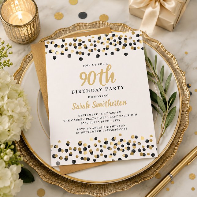 Vit Svart Guld Konfetti Glitter 90-årsdag Inbjudningar (Black and gold confetti 90th birthday party invitation)