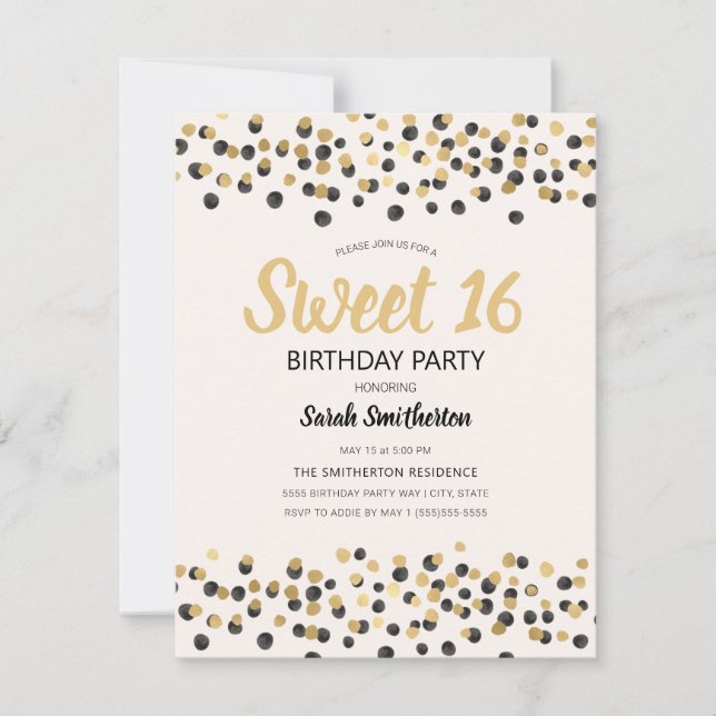 Vit Svart Guld Konfetti Glitter Sweet 16 Inbjudningar (Framsida)