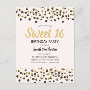 Vit Svart Guld Konfetti Glitter Sweet 16 Inbjudningar