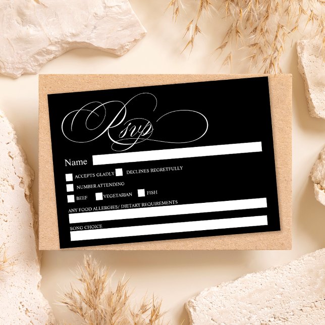 Vit svart kalligrafi chic osa bröllop inbjudningar (White black calligraphy chic rsvp wedding invitation)