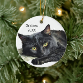 Vit, svart katt med vattenfärg julgransprydnad keramik