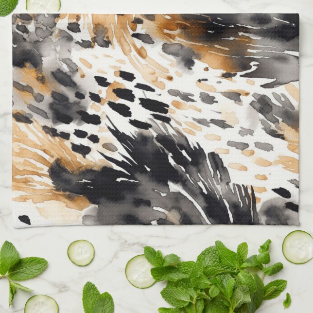 Vit Svart Kräm Leopard Djur   Kökshandduk (Vikta)