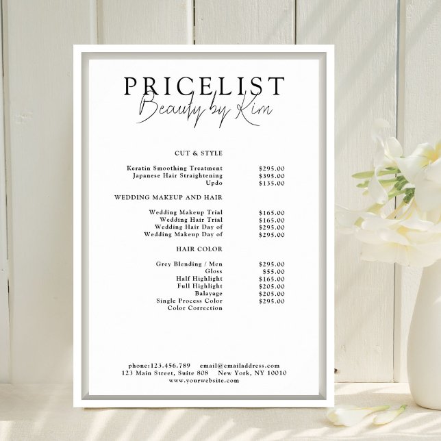 Vit & Svart Minimalistisk Elegant, Salong Prislist Poster (Personalized White & Black Minimal Elegant, Salon Price List Poster)