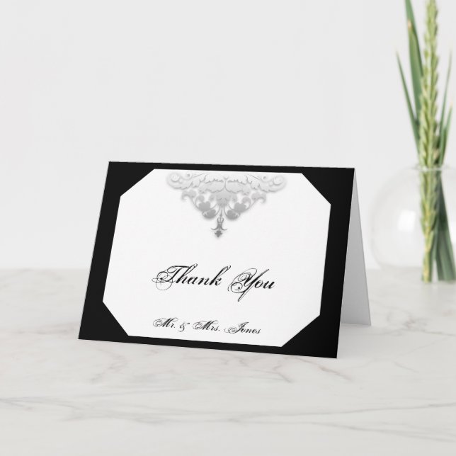Vit Svart och Silver Damast Tacksamhetskort Tack Kort (Framsida)