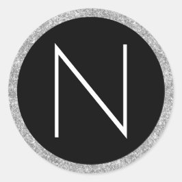 Vit Svart och Silver Glitter Monogram Runt Klistermärke