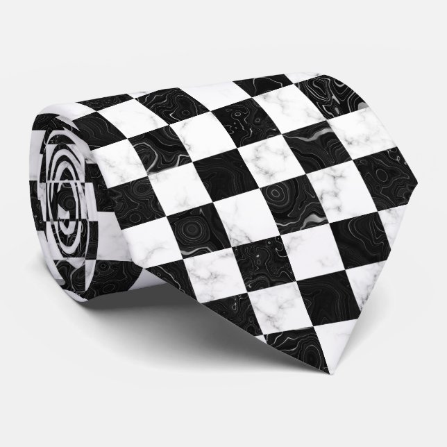 Vit Svart och Silver Marmor Schackbräde Slips (Rullad)