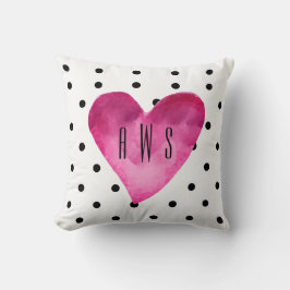 Vit + Svart polka dots Vattenfärgsfärgad hjärtsmon Kudde