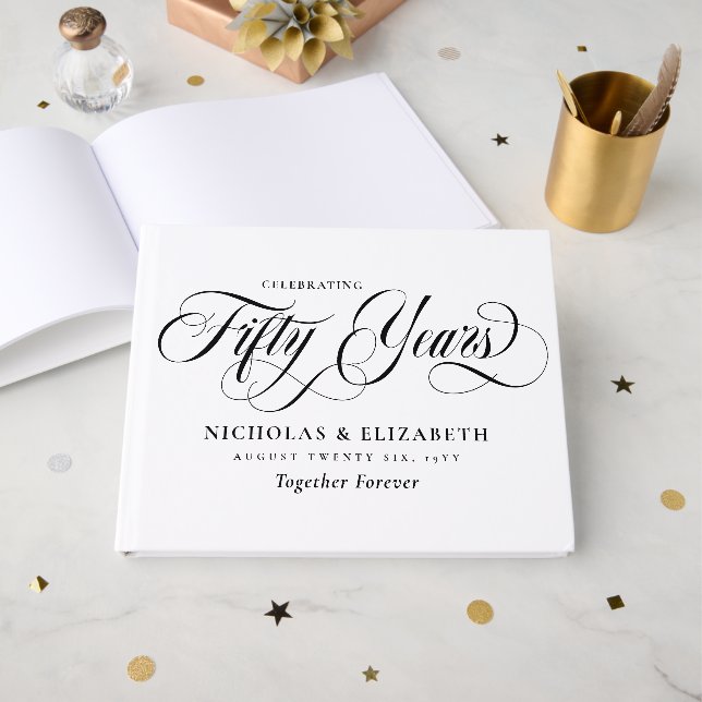 Vit Svart Skrift 50-års bröllopsdag Gästböcker (Framsida Öppen)