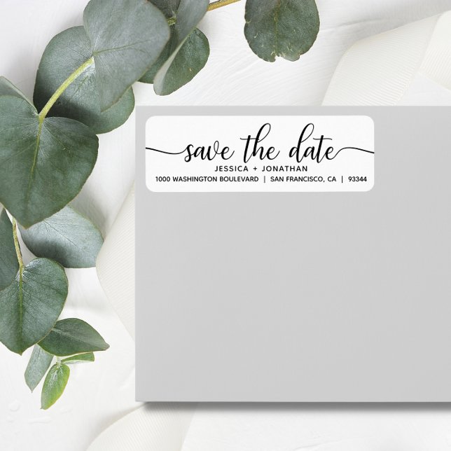 Vit Svart SPARA DATUM Bröllop Returadress Etikett (White Black SAVE THE DATE Wedding Return Address Label)