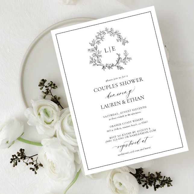 Vit svartvit Vapensköld, Monogram Par Shower Inbjudningar (Couples Shower Invitation!)
