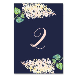 Vit syren. Marinblommig romantisk bröllop. Blå Bordsnummer