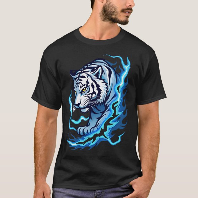 "Vit T-Shirt med Tigger- och Blue Flames Design" (Framsida)