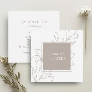 Vit & Taupe Chic Blommigt etikett Fyrkantigt Visitkort