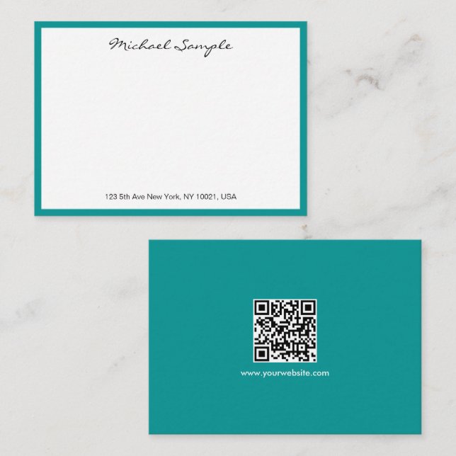 Vit & Teal QR-kod Typografi Skriptnamn Anteckningskort (Fram/baksida)