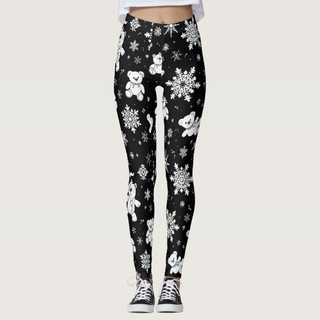 Vit Teddybjörn & Snöflinga Sömlöst Mönster Leggings (Framsida)