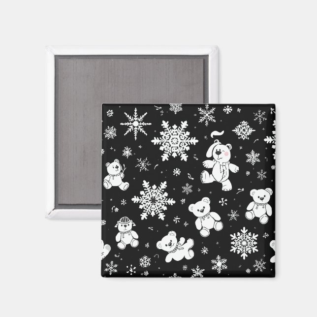 Vit Teddybjörn & Snöflinga Sömlöst Mönster Magnet (Front/Back)