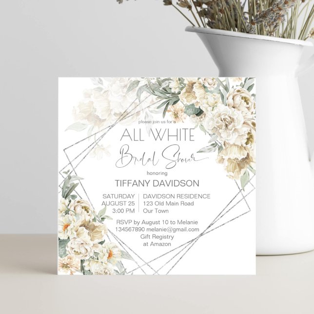 Vit tema möhippa ram blommigten silver (White themed bridal shower floral invitation template silver geometrical frame white flowers)