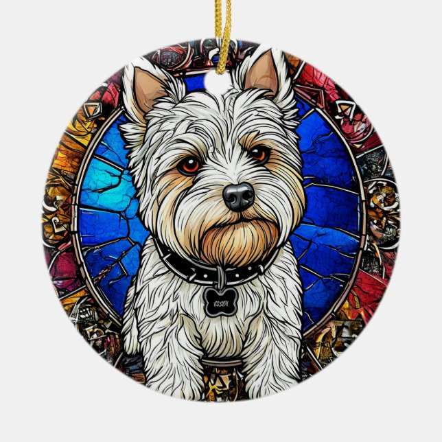 Vit terrier hundporträtt julgransprydnad keramik (Framsidan)