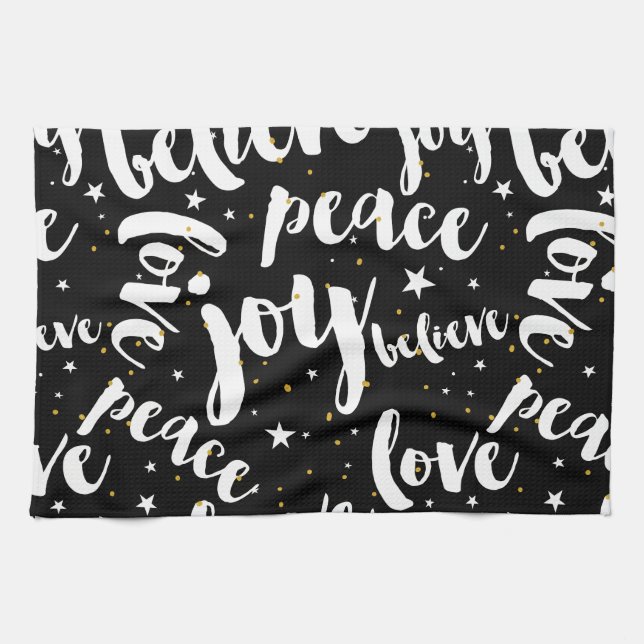 Vit textdesign i svart bakgrund kökshandduk (Horisontell)