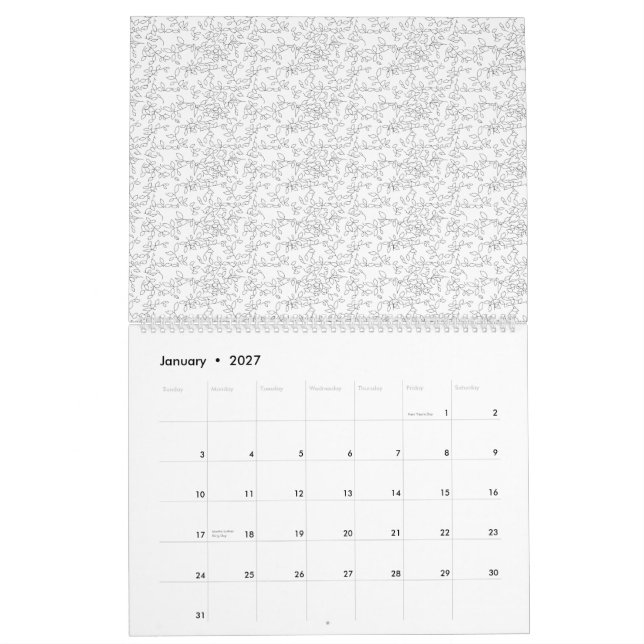 Vit texturerad bakgrund med subtil, intervävd, kalender (Jan 2027)