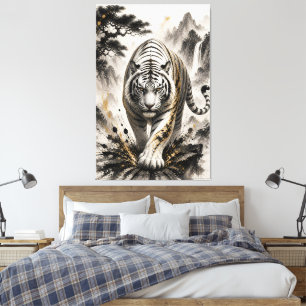Vit Tiger Bläck Splatter Canvas Konst Japansk Sumi