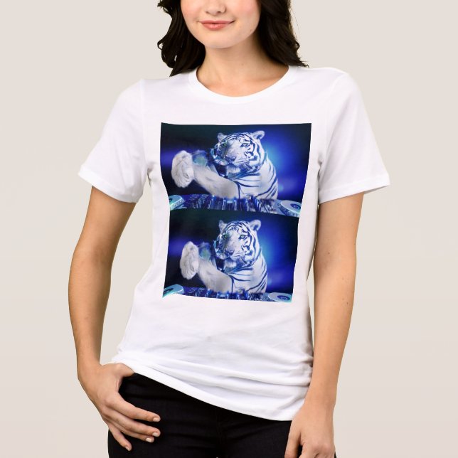 Vit Tiger DJ T-Shirt – Neon EDM Festival Grafik (Framsida)